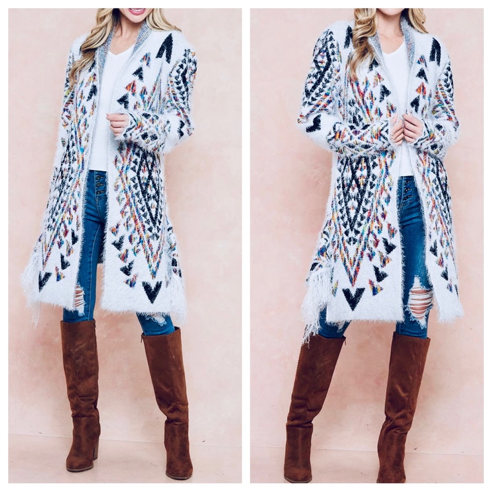 #19 Boho Aztec Long Sleeve Open Drape Front Cardigan Fringe detail - Picture 5 of 5